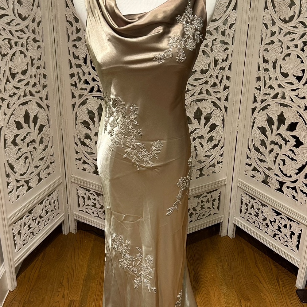 Stunning Satin Beaded Evening Slip Dress
